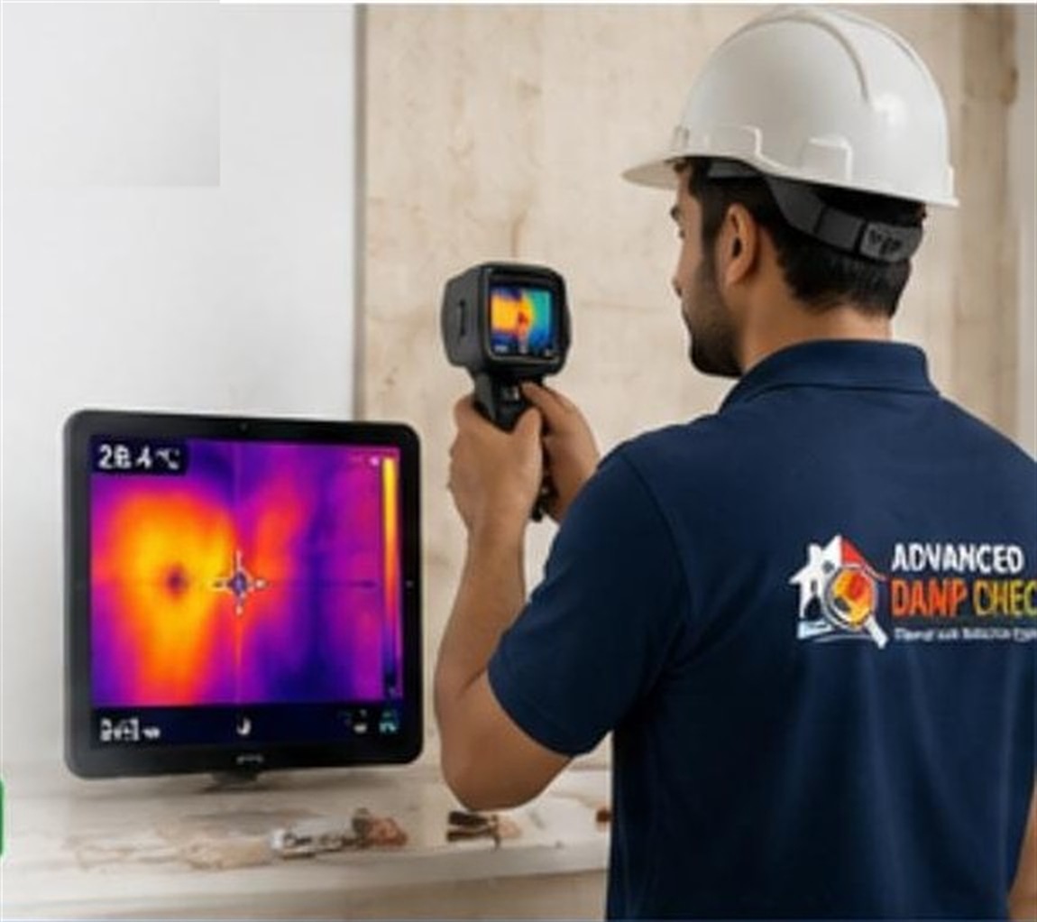 Advanced Damp Check engineer using a thermal imaging camera to scan a wall, with the heat map shown on a monitor